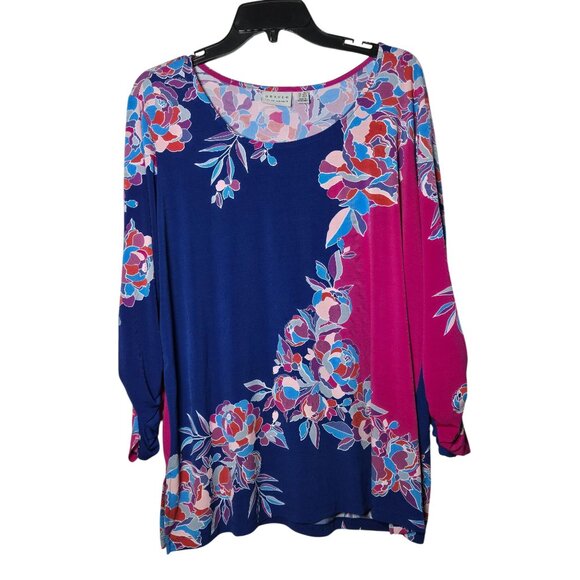 Susan Graver Floral Print Long Sleeve Top Plus 1XP Petite Liquid Knit Coastal - Picture 2 of 10